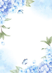 Greeting card template with hydrangea flowers, leaves, butterflies and blue spots. Watercolor hand drawn illustration isolated on white background