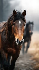 Obraz premium Brown horse stands prominently in a misty field while another horse grazes quietly nearby during early morning hours
