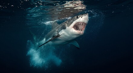 Fototapeta premium Great white shark opening mouth in ocean