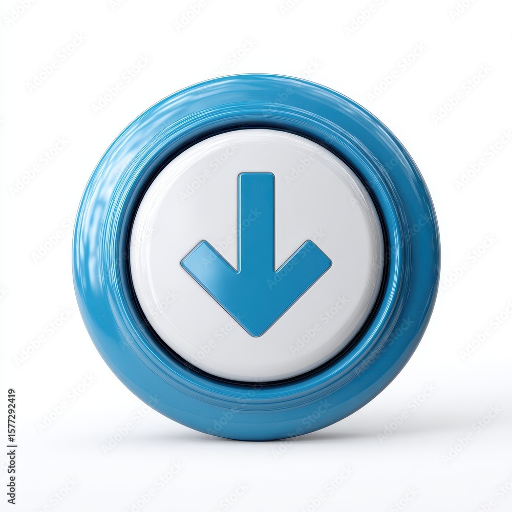 Poster glossy blue circular button with a downward pointing blue arrow symbol isolated on white background
