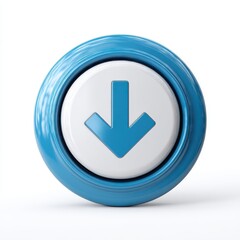 Glossy blue circular button with a downward pointing blue arrow symbol isolated on white background