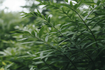 Naklejka premium Soft-focus green leaves illuminated by sunlight in nature