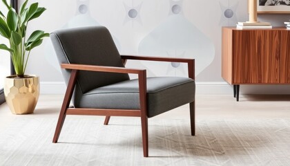 Interior design showcasing a modern chair, furniture, decor and plants.