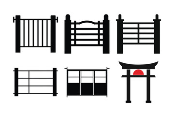 Japanese Garden Fence and Gate Silhouettes Vector Illustrations