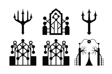 Gothic Gate and Trident Icons Vector Illustration Set