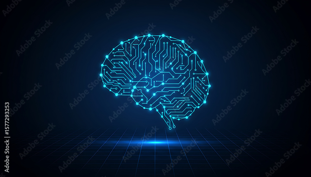 Poster digital brain circuit board with glowing blue lines and nodes on dark background