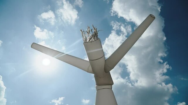 White air dancer moves against bright sunny sky with clouds, wide shot. Funny attractive outdoor character. Fringe on doll head moves funny in wind.