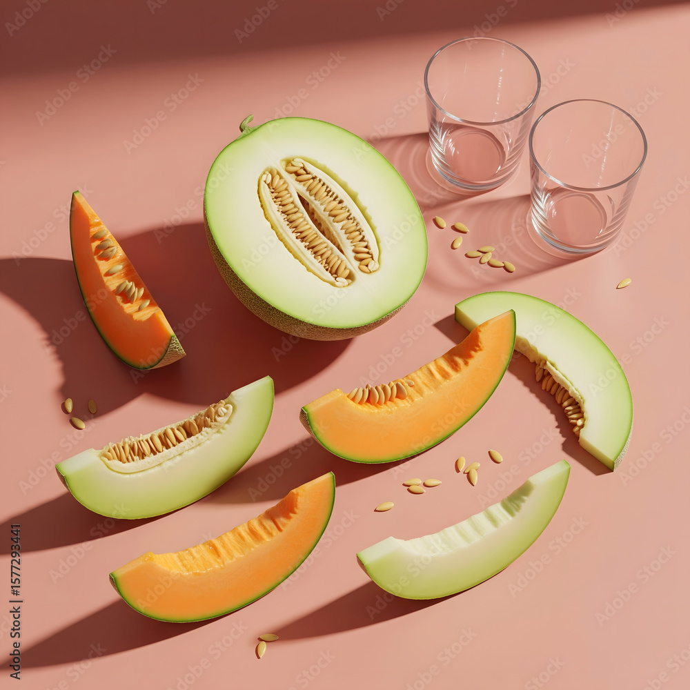 Aufkleber two halved melons and various slices of orange cantaloupe and green honeydew are arranged with melon
