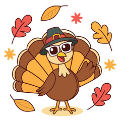 Cartoon turkey wearing glasses and a pilgrim hat stands amidst autumn leaves and stars