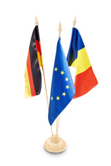 Flags of germany, eu and romania isolated on white