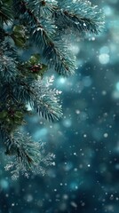 Snowy winter scene with evergreen branches and delicate snowflakes against a soft blue backdrop