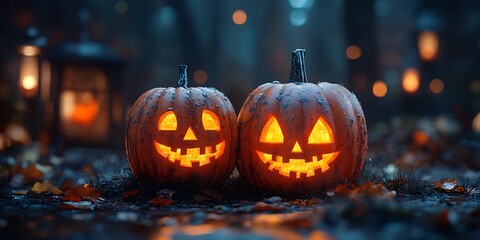 Obraz premium Spooky jack-o'-lanterns glow with eerie smiles amidst a shadowy, autumnal forest, setting the stage for Halloween night.