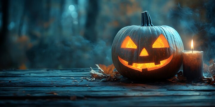 Glowing jack olantern and candle bring a spooky Halloween vibe to a rustic wooden table in a dark forest setting.