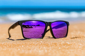 Sunglasses and flip-flops on a sandy beach create a vibrant scene