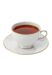 A transparent porcelain teacup with gold trim and rich dark amber tea, on a matching saucer, isolated against a seamless transparent studio background with bright, shadowless lighting, elegant