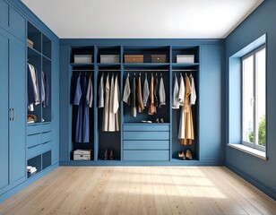 Modern blue walk-in closet