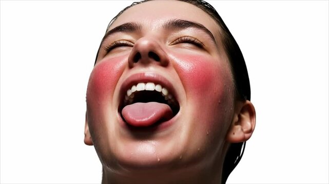A woman with flushed cheeks and tongue out, eyes closed, expressing joy.