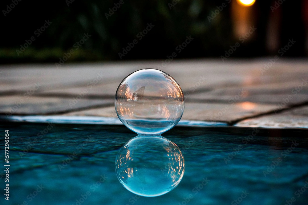 Poster captivating surface of a soap bubble in tranquil reflection