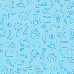 Blue Technology Doodle Pattern – Seamless Hand-Drawn Digital Tech Icons Background