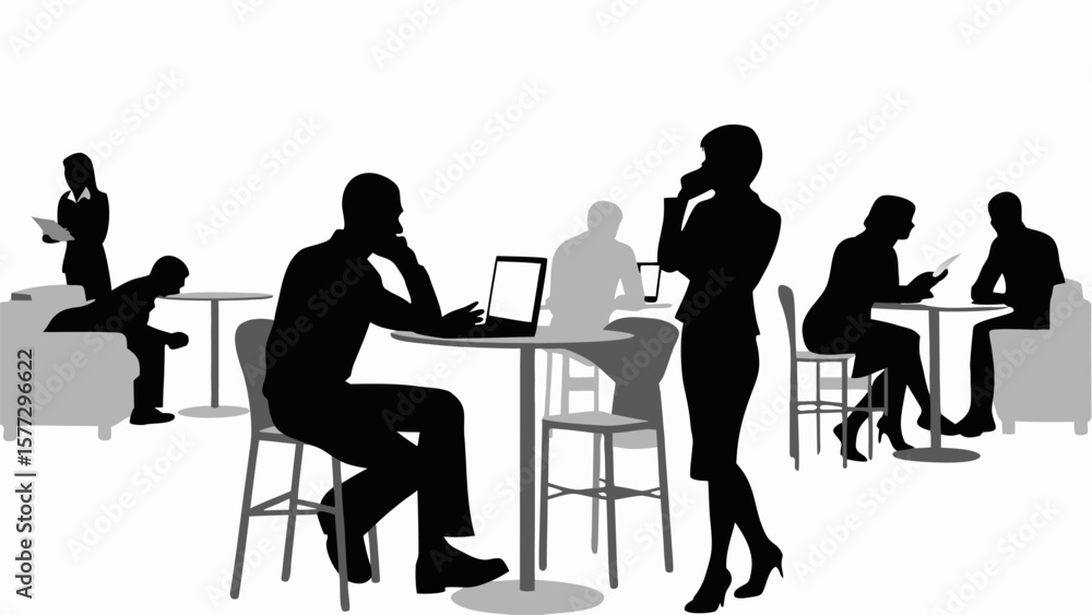 Poster silhouetted figures in a public space working on laptops talking on phones and reading documents nea