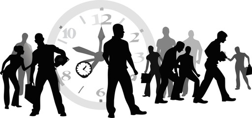 Silhouette of people walking in front of a clock face with hands indicating time pressure deadline concept
