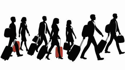 Silhouetted figures walking with luggage and bags in a group, some luggage is colored in red shade