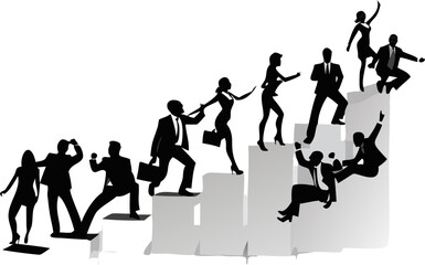 Silhouetted business people ascending and descending a staircase in a dynamic composition scene