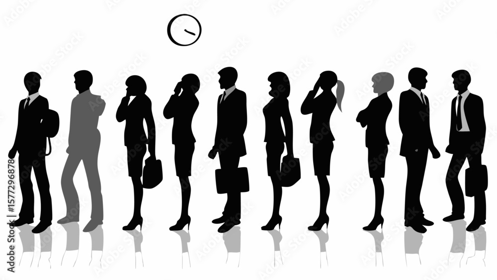 Poster silhouettes of business people standing in a line with a clock above them indicating time management