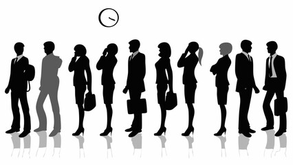 Silhouettes of business people standing in a line with a clock above them indicating time management issues