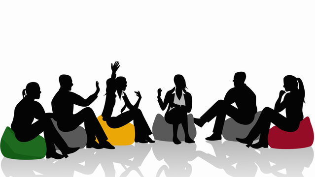 Silhouette of a group of people sitting on colorful bean bags in a casual meeting environment scene