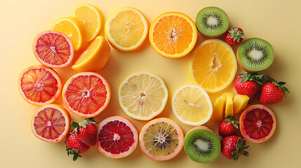 Colorful sliced fruits arrangement overhead shot vibrant citrus kiwi strawberries
