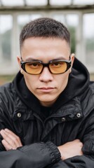 Obraz premium Young man with buzz cut and yellow sunglasses wearing a black jacket and hoodie arms crossed