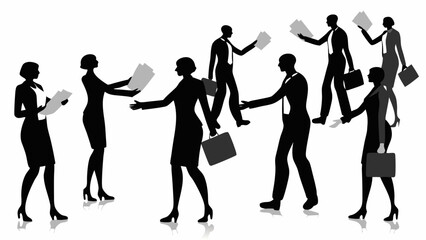 Silhouettes of business people exchanging documents and carrying briefcases in a professional setting