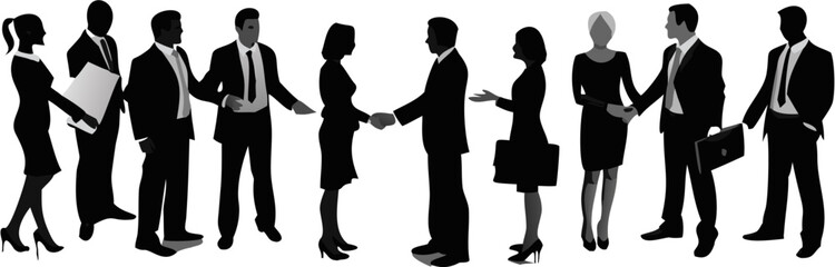 Silhouette illustration of business people in suits shaking hands and holding briefcases in monochrome