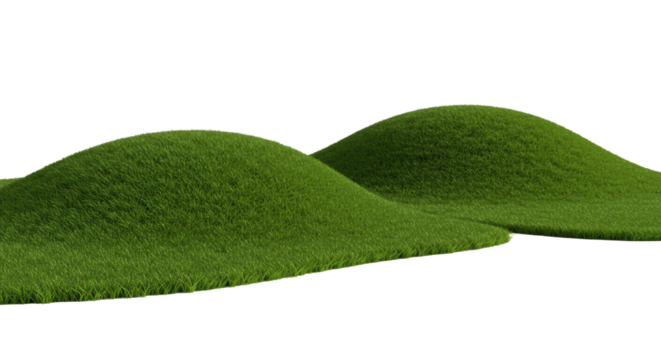 Gently rolling hills covered in lush emerald green grass, finely detailed and perfectly manicured, against a transparent background with soft, shadowless daylight, high-angle commercial product