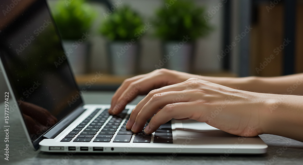 Poster close up shot of hands typing on a laptop keyboard with plants in the background in soft focus