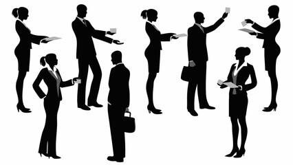 Silhouettes of business people exchanging items like cards and documents in a professional setting scene