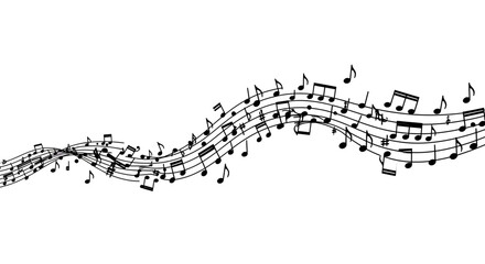 Music notes wave set in black and white, group musical notes on white background.. Dynamic music abstract design
