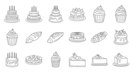Cake line icon set. Vector pictograms of birthday cakes, wedding, cupcakes, pastry dessert, cheesecake thin linear illustration.
