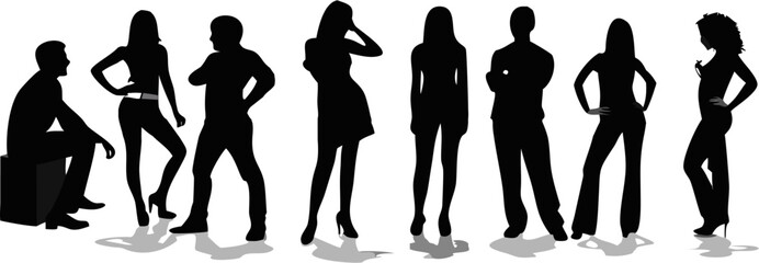 Silhouette illustration of a group of people in various poses standing against a white background scene