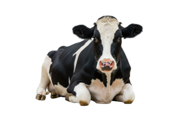 An adult holstein cow, black and white, lying calmly, head up, direct gaze, placid expression, detailed fur, ultra-photorealistic, perfect lighting on a transparent studio background, commercial