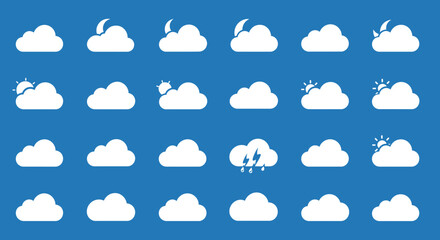 Cartoon 3d clouds. Cumulus bubbled clouds in kids style, white fluffy render objects, rounded geometric cloudy shapes, cute weather element, meteorology icons, cloudscape isolated vector set
