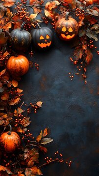 Glowing jack o lantern on a wooden surface captures the essence of Halloween with seasonal decorations and festive spooky ambiance.
