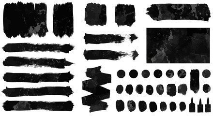 Black paint brush stroke, dirty watercolor overlay texture, grunge design element, box, painted frame, banner clip art and torn paper silhouette collection on white background. Decoration paint brush.