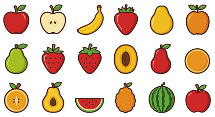 This delightful collection of vector fruit icons features a range of vibrant and fresh designs, including popular fruits like apples, bananas, strawberries, watermelons, and more.
