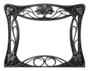 Art Nouveau Decorative Frame with Floral Accents, Elegant Design, Dark Silver, and Black Background for Interior Decor and Artistic Presentations