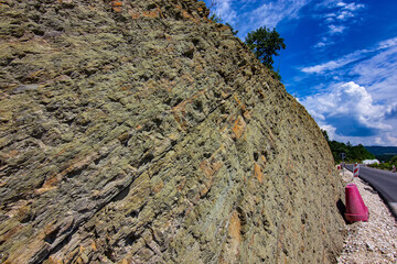 Flysch Sedimentary Rock Layers Along Roadside in Serbia