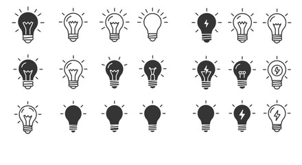 Lightbulb icon set. Light bulb linear icon. Idea and creativity symbol. Electric lamp, electricity, light. Vector illustration.
