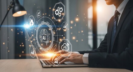 Man in suit typing on laptop with AI interface overlay, suggesting technology and business applications.