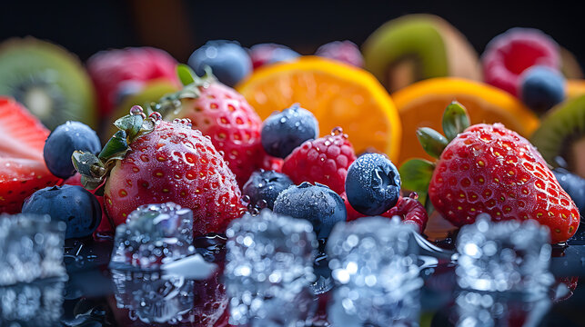 Fresh berries and sliced fruits with ice on reflective surface - Powered by Adobe